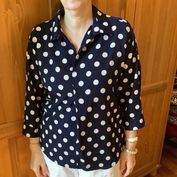 A Koz de Toi Tops - Navy/White Polka Dot PopOver Shirt M
